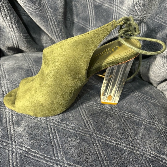 Peep Toe tie up , clear heel Olive Green - Picture 2 of 3